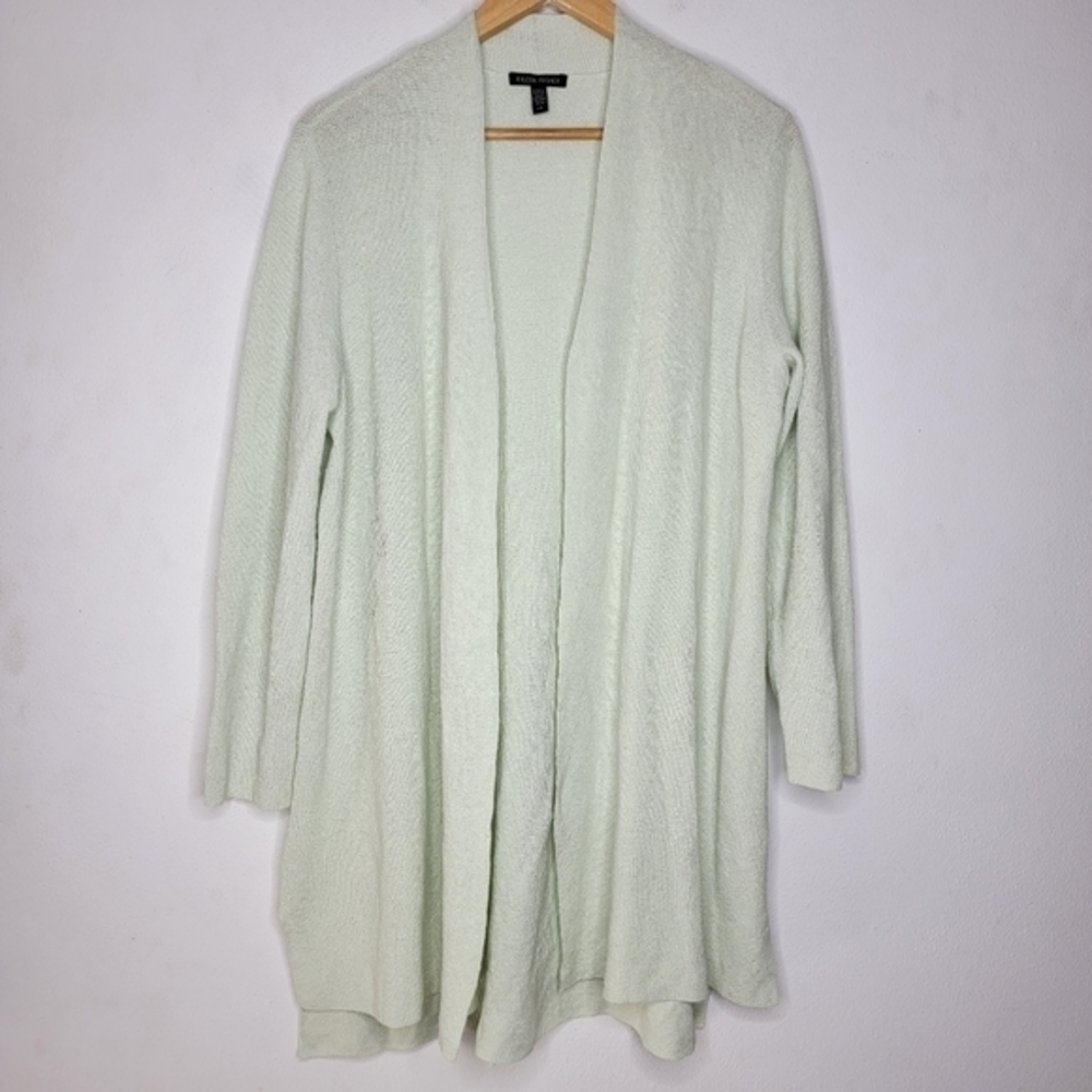 Eileen Fisher Large L Light Green Linen Blend Women's Long Knit Cardigan Sweater